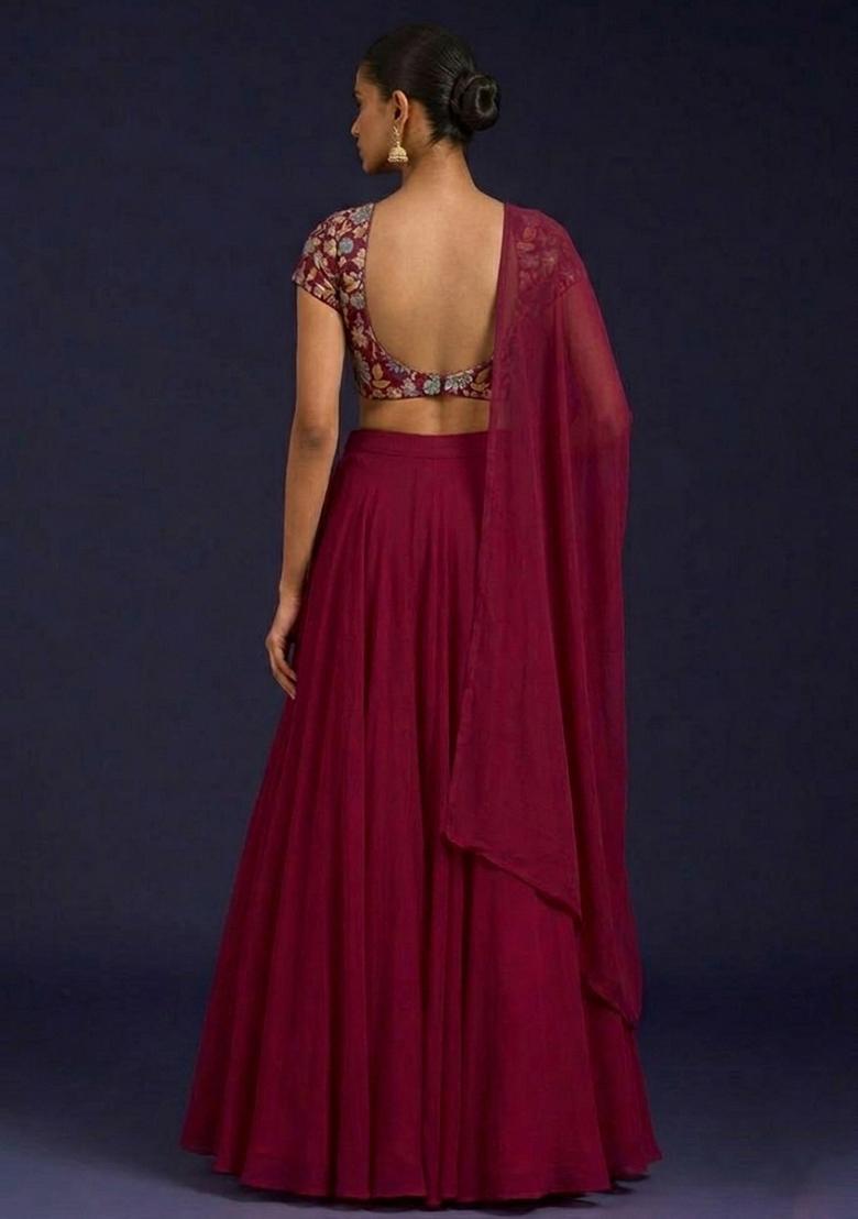 Burgundy Floral Print Crepe Lehenga Set - Indya