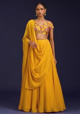 Mustard Floral Print Crepe Lehenga Set