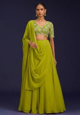 Lime Green Sequin Silk Blend Lehenga Set