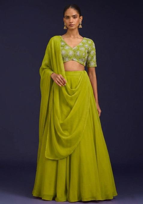 Lime Green Sequin Silk Blend Lehenga Set