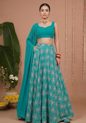 Teal Green Sequin Silk Blend Lehenga Set
