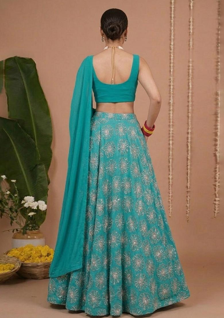 Teal Green Sequin Silk Blend Lehenga Set - Indya
