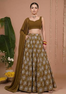 Olive Brown Sequin Silk Blend Lehenga Set