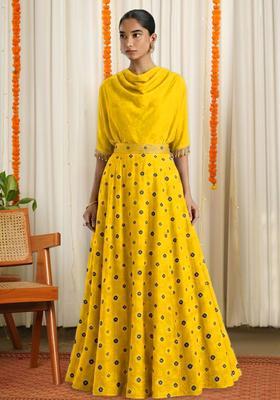 Mustard Printed Satin Lehenga Set