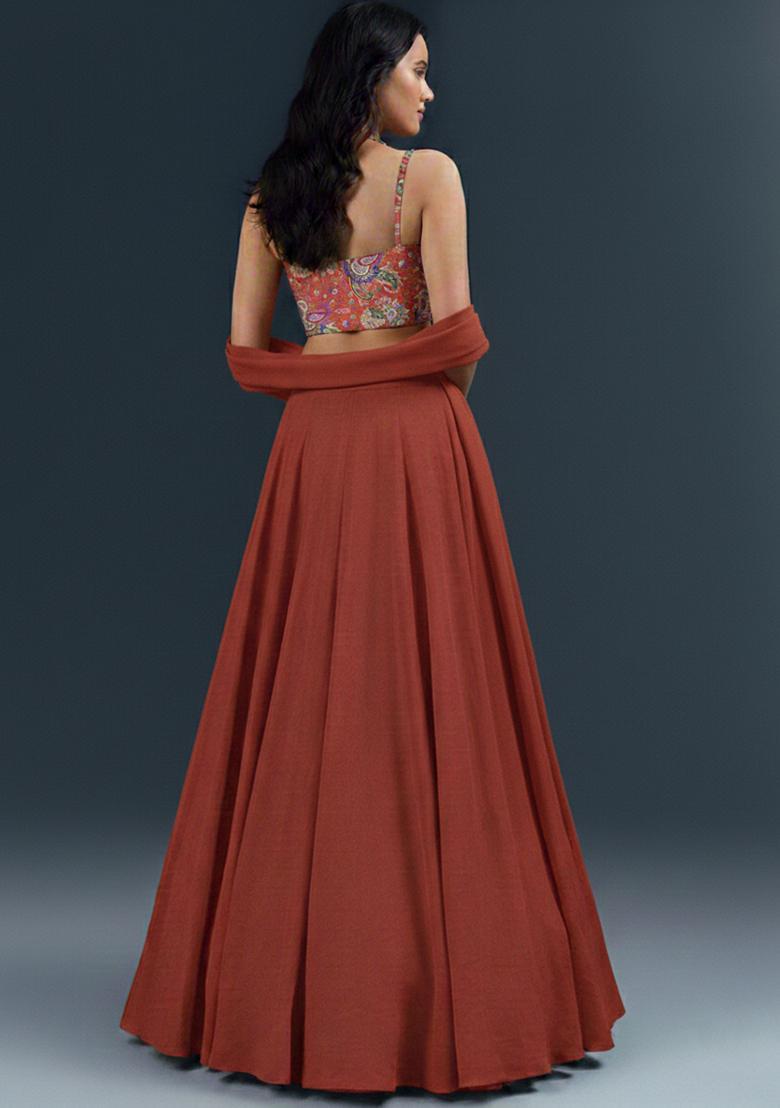 Rust Printed Crepe Lehenga Set - Indya