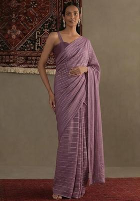 Lavender Embroidered Chinnon Pre Draped Saree Set
