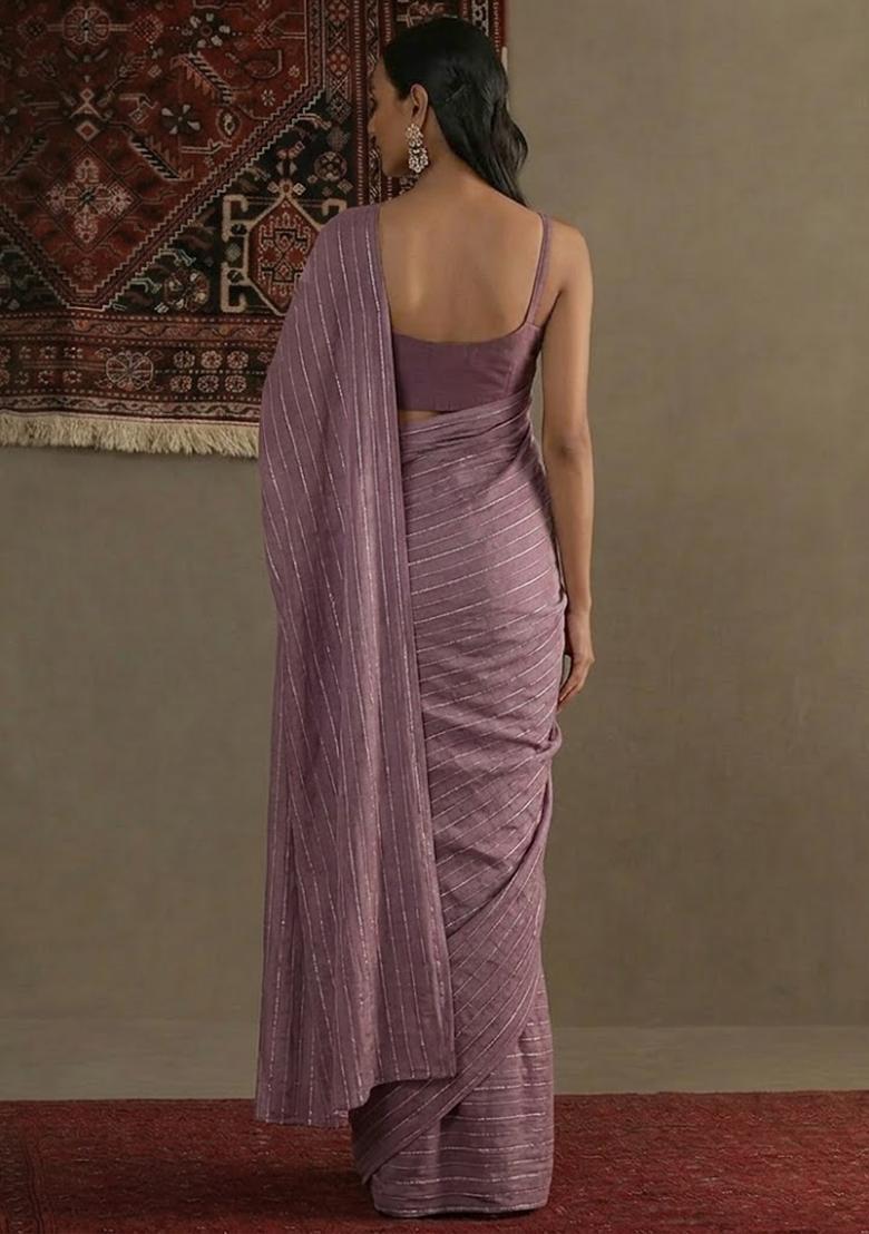 Lavender Embroidered Chinnon Pre Draped Saree Set - Indya