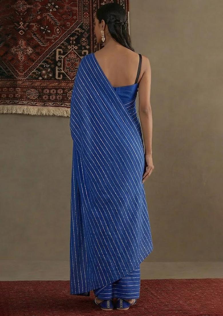 Blue Embroidered Chinnon Pre Draped Saree Set - Indya