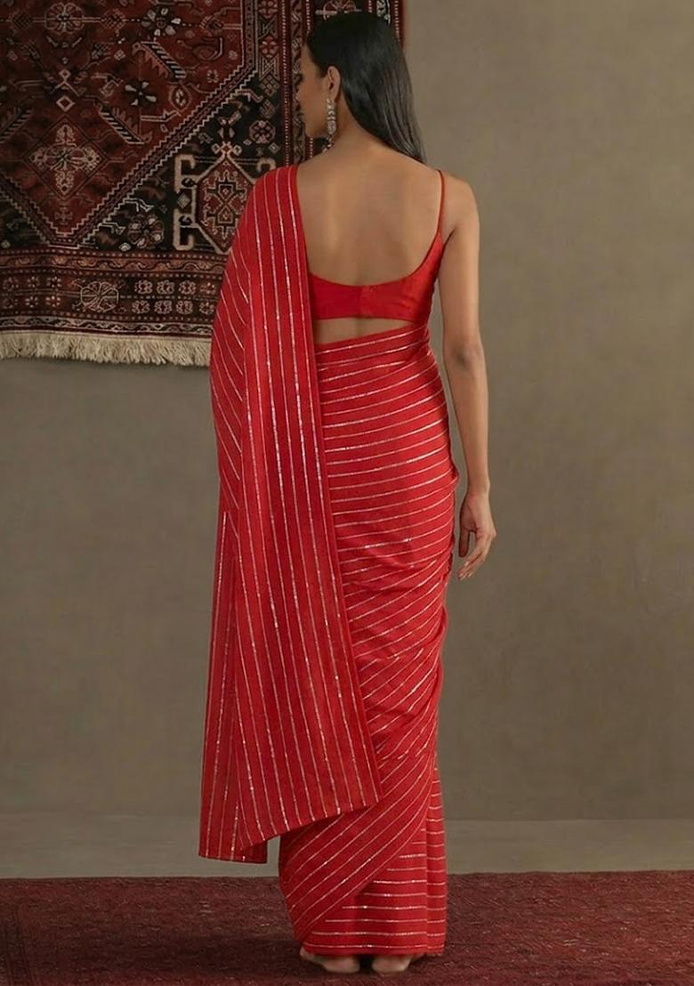 Red Embroidered Chinnon Pre Draped Saree Set - Indya