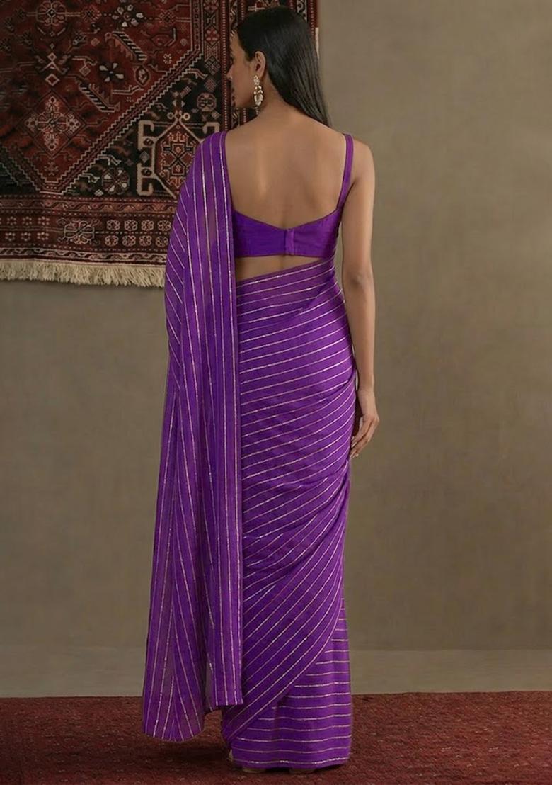 Purple Embroidered Chinnon Pre Draped Saree Set - Indya