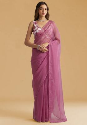 Blush Pink Printed Crepe Pre Draped Saree Set