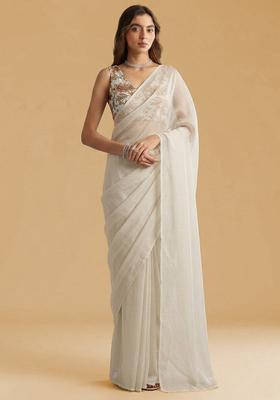 Ivory Printed Crepe Pre Draped Saree Set