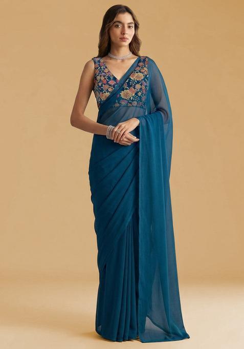 Teal Blue Floral Print Crepe Pre Draped Saree Set