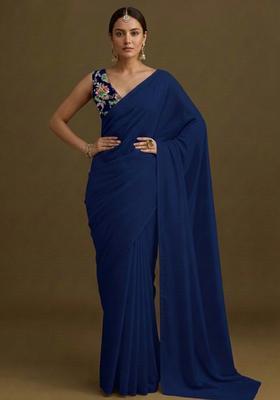 Navy Blue Printed Crepe Pre Draped Saree Set