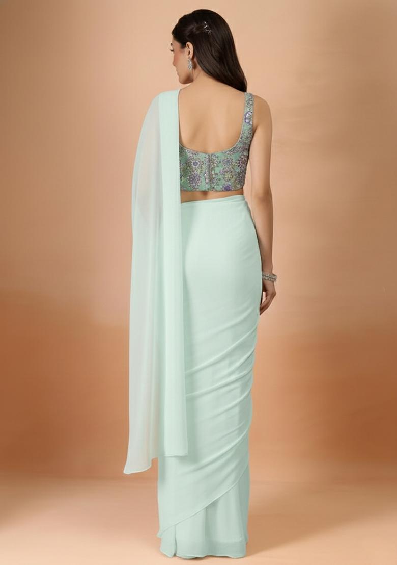 Ice Blue Embroidered Crepe Pre Draped Saree Set - Indya