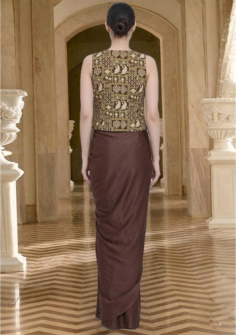 Chocolate Brown Printed Jacquard Fusion set - Indya