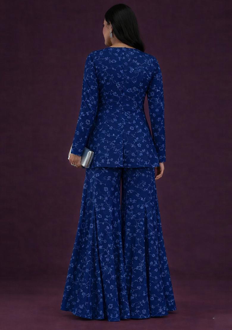 Navy Blue Jacquard Tissue Fusion Set - Indya