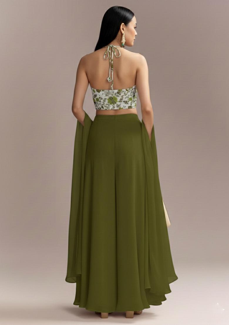 Olive Green Floral Print Crepe Fusion Set  - Indya