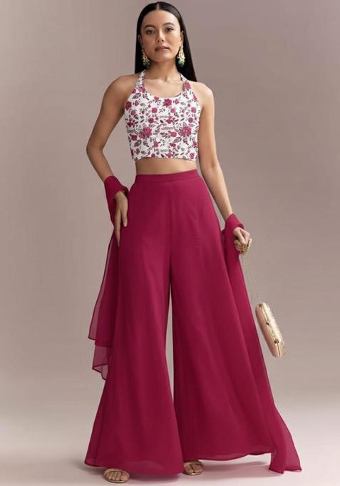 Rani Pink Floral Print Crepe Fusion Set 