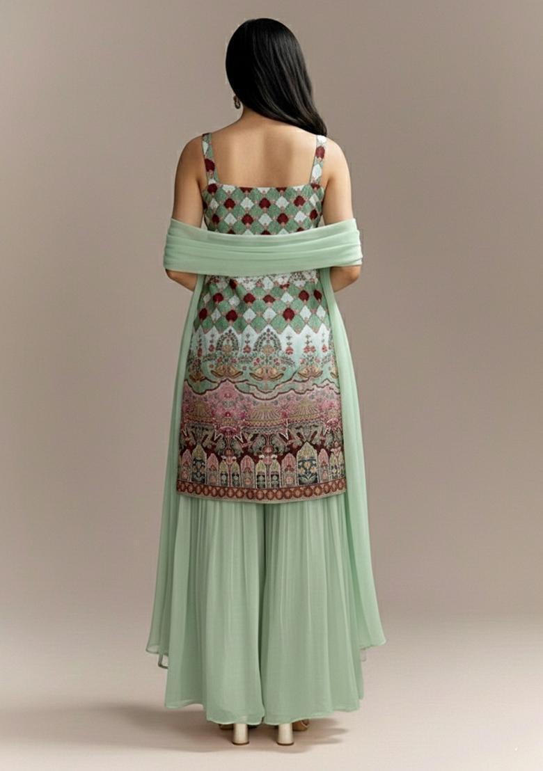 Mint Green Figure Print Crepe sharara Set  - Indya