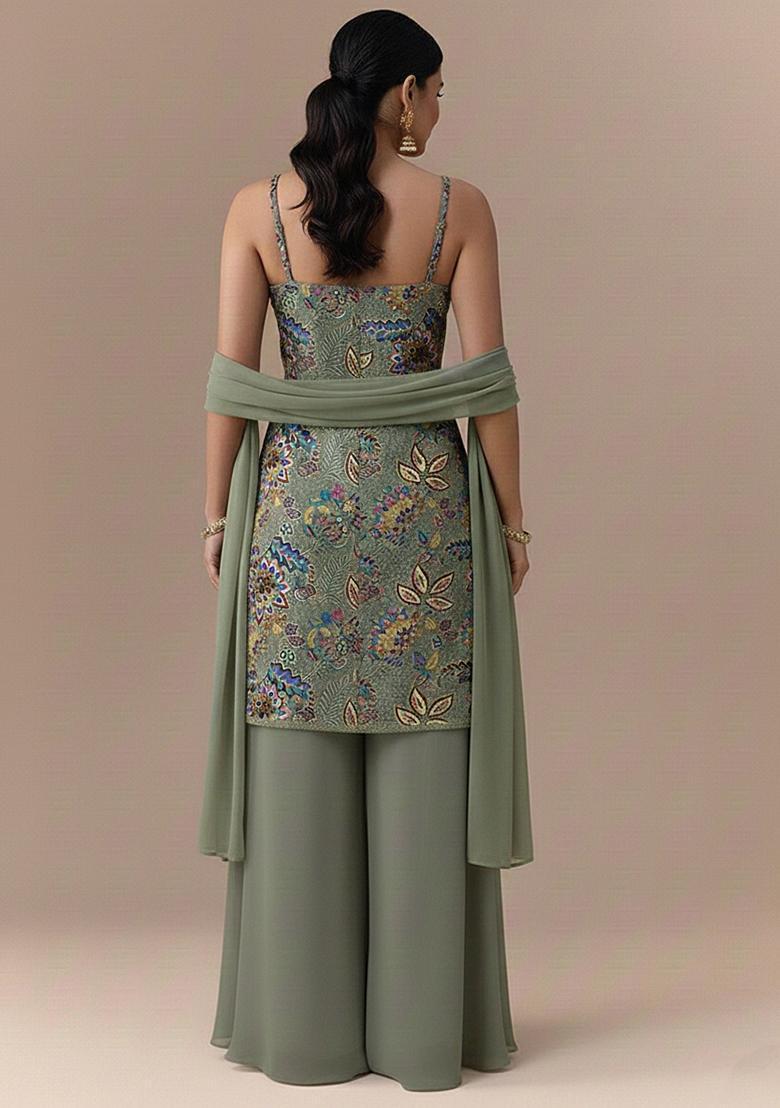 Grey Embroidered Crepe Straight Kurta Set - Indya