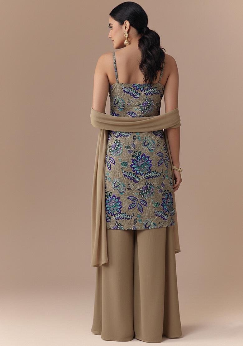 Beige Embroidered Crepe Straight Kurta Set - Indya