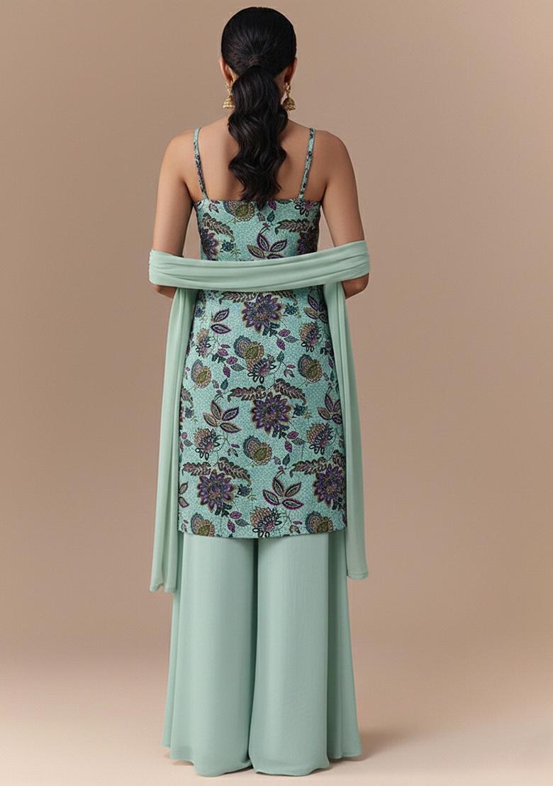 Ice Blue Embroidered Crepe Sharara Set - Indya