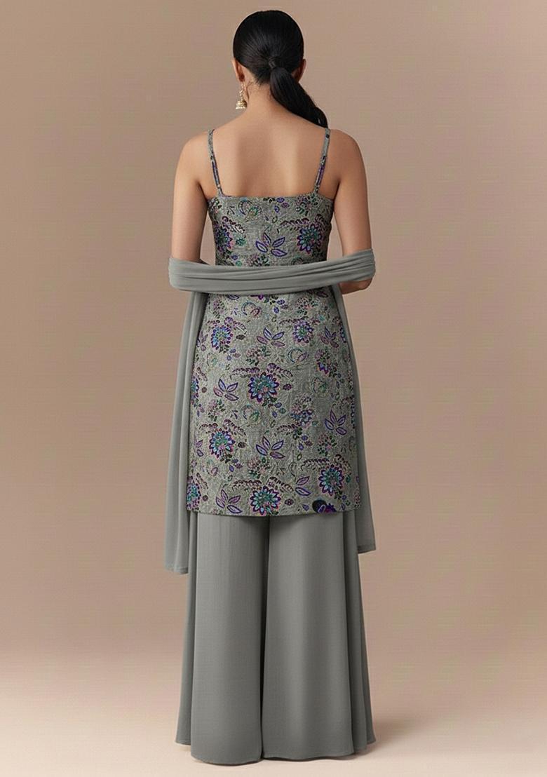 Grey Embroidered Crepe Straight Kurta Set - Indya