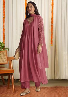 Dusty Pink Chinon Handwork Anarkali Set