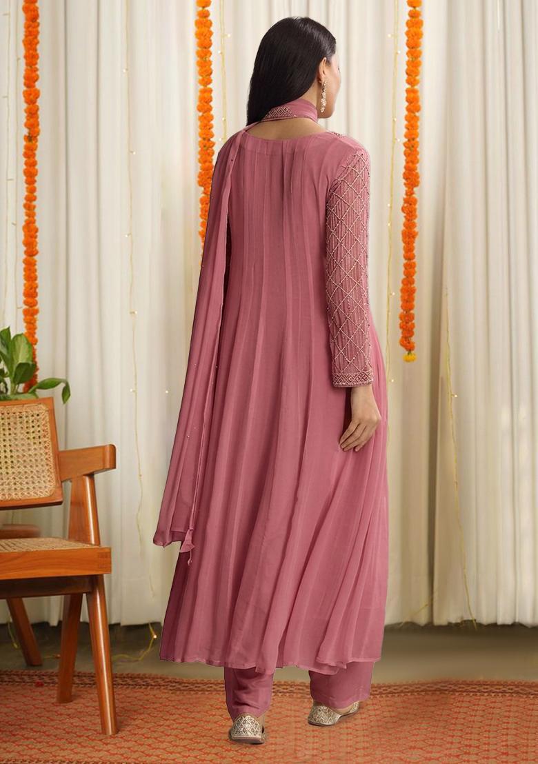 Dusty Pink Chinon Handwork Anarkali Set - Indya