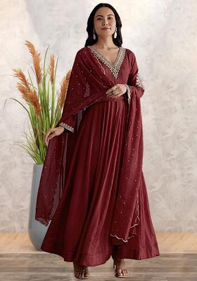 Maroon Chinon Handwork Anarkali With Dupatta