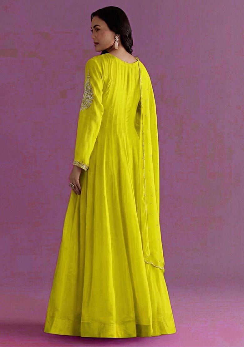 Lime Yellow Chinon Handwork Anarkali With Dupatta - Indya