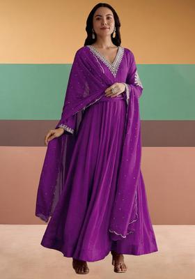 Purple Chinon Handwork Anarkali With Dupatta