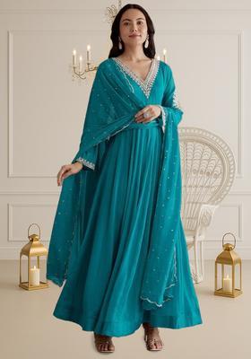 Turquoise Chinon Handwork Anarkali With Dupatta
