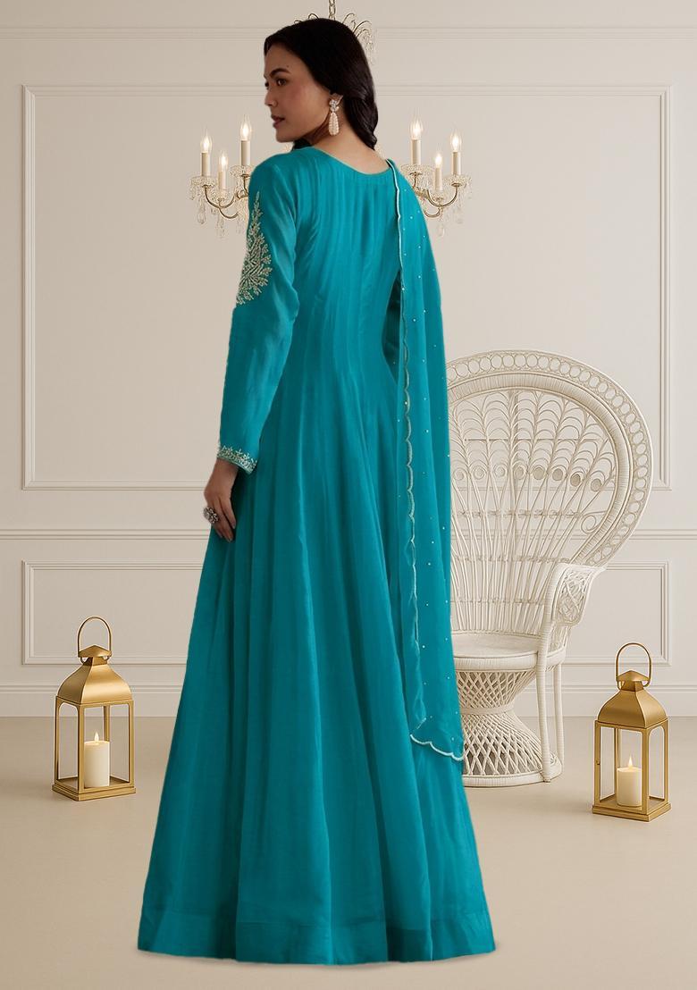 Turquoise Chinon Handwork Anarkali With Dupatta - Indya