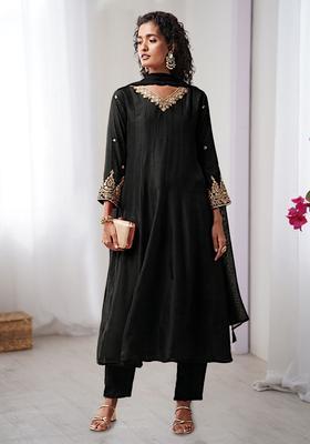 Black Dola Silk Blend Handwork Anarkali Set