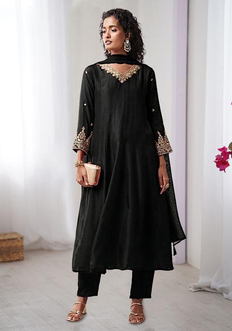 Black Dola Silk Blend Handwork Anarkali Set
