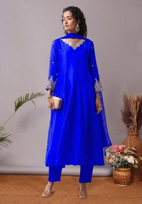 Royal Blue Dola Silk Blend Handwork Anarkali Set