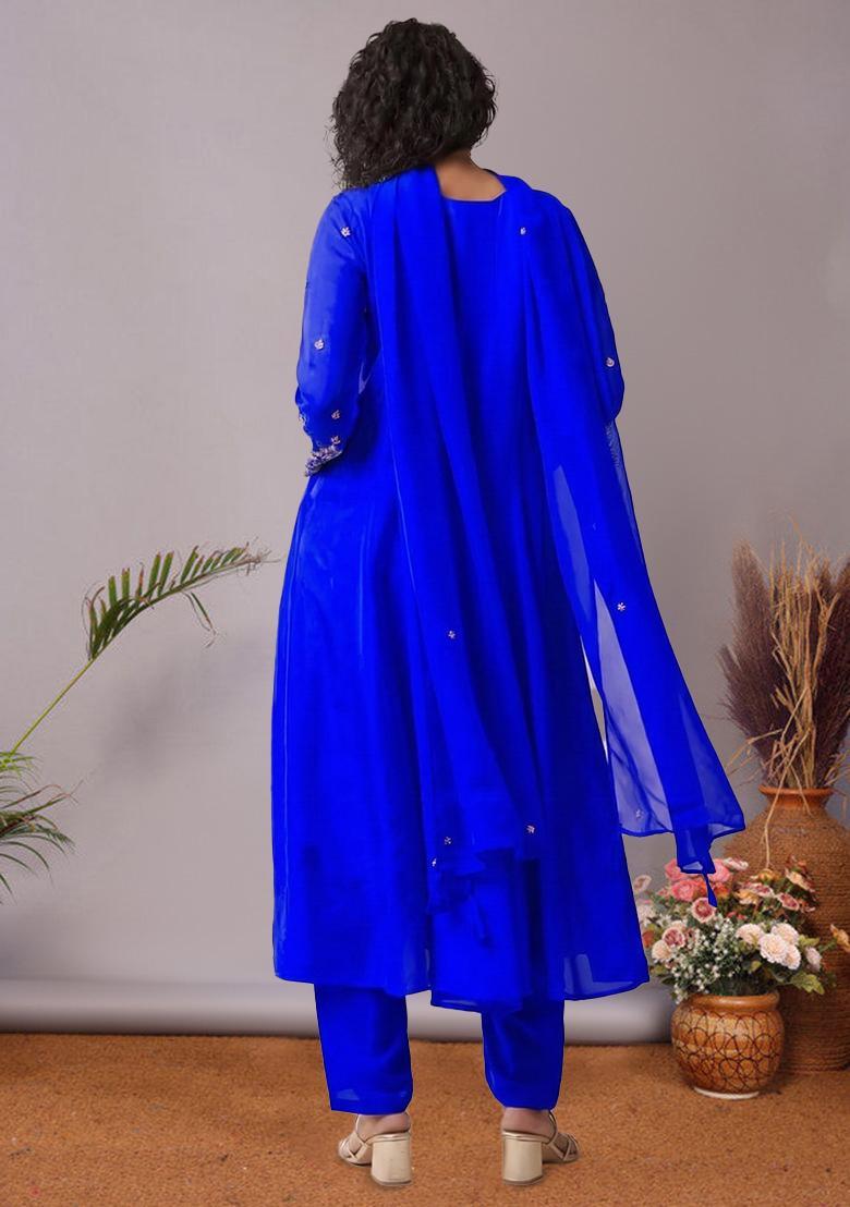 Royal Blue Dola Silk Blend Handwork Anarkali Set - Indya