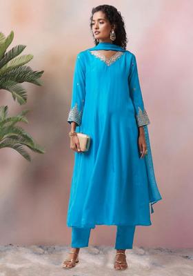 Turquoise Dola Silk Blend Handwork Anarkali Set