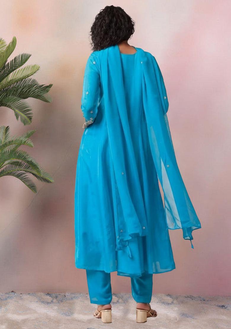 Turquoise Dola Silk Blend Handwork Anarkali Set - Indya
