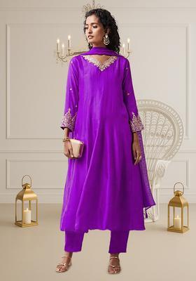 Purple Dola Silk Blend Handwork Anarkali Set