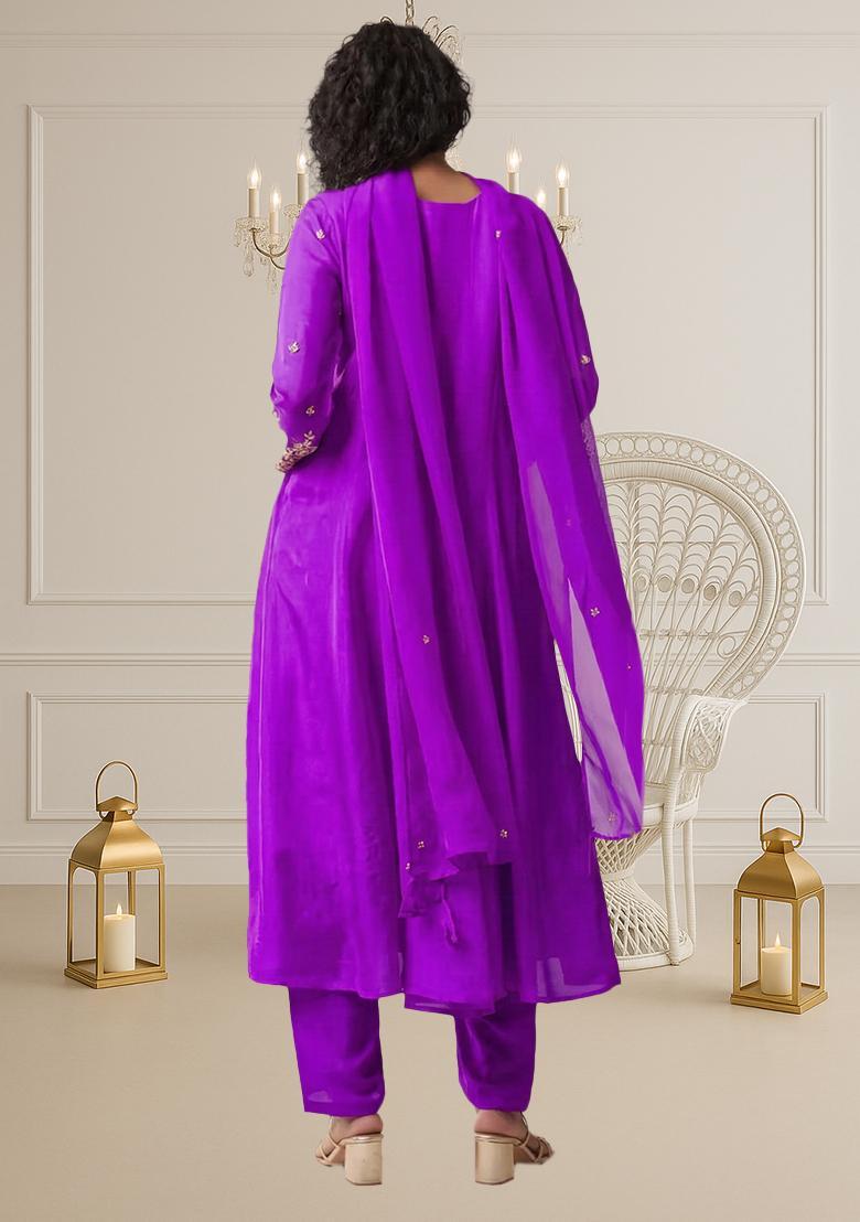 Purple Dola Silk Blend Handwork Anarkali Set - Indya