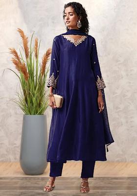 Navy Blue Dola Silk Blend Handwork Anarkali Set