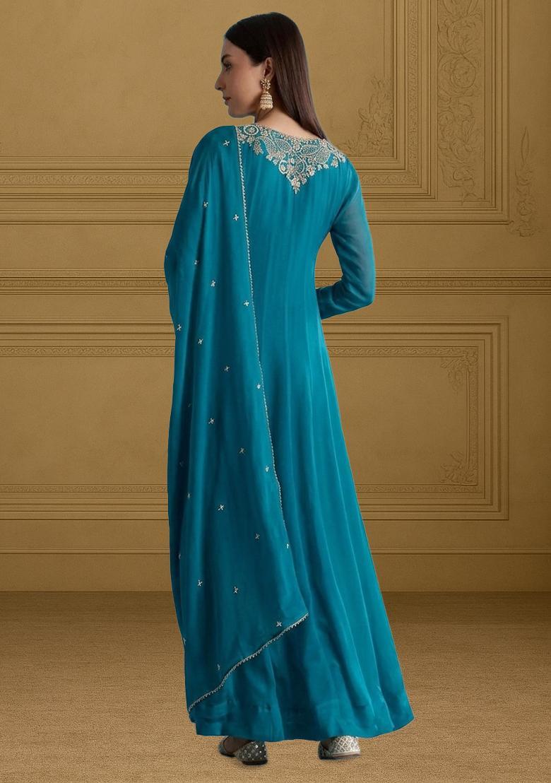 Peacock Green Chinon Handwork Anarkali With Dupatta - Indya