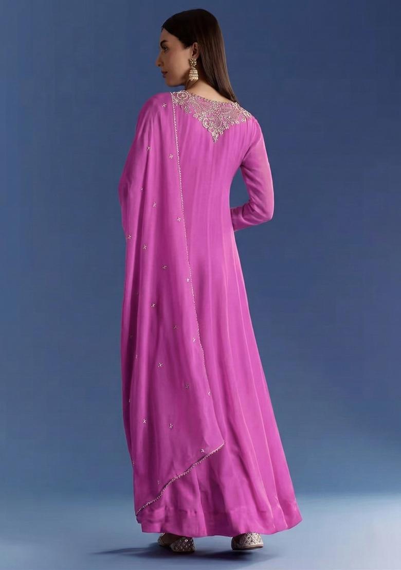 Pink Chinon Handwork Anarkali With Dupatta - Indya