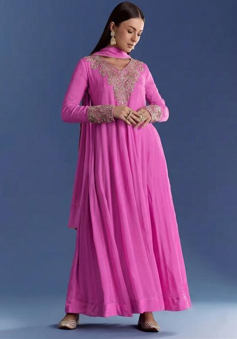 Pink Chinon Handwork Anarkali With Dupatta