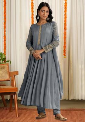 Grey Chinon Handwork Anarkali Set