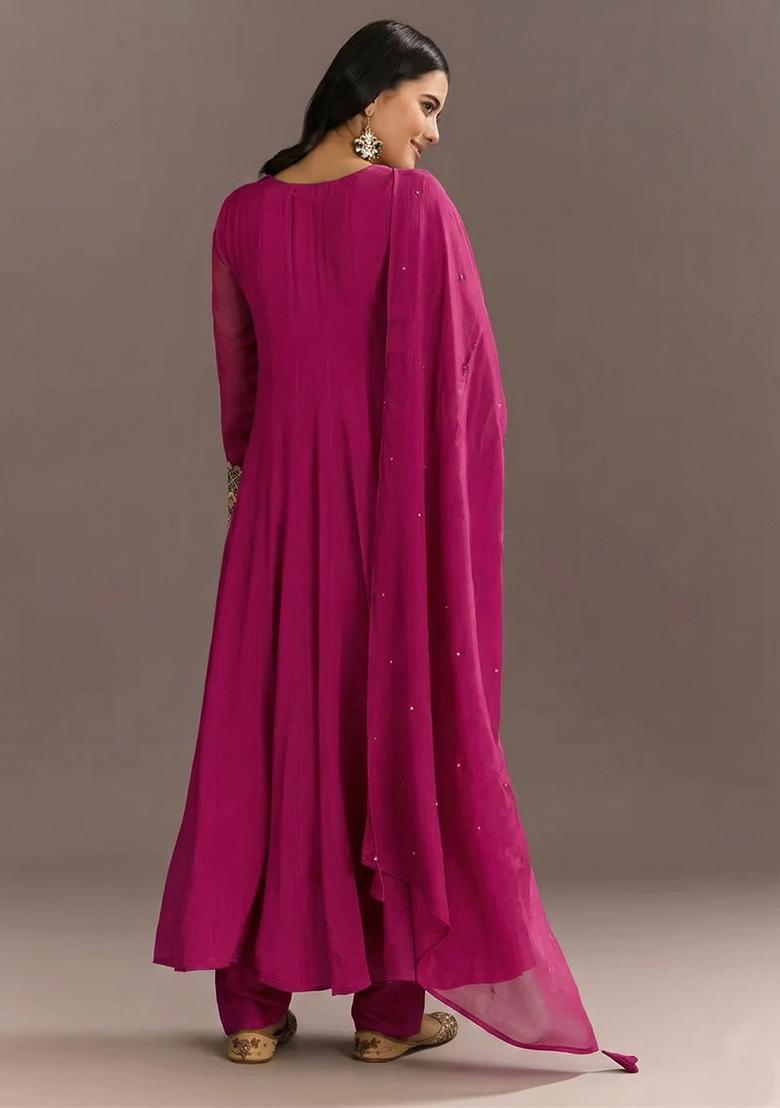 Rani Pink Chinon Handwork Anarkali Set - Indya