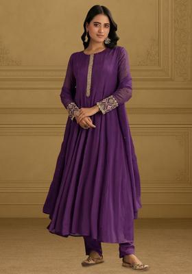 Purple Chinon Handwork Anarkali Set